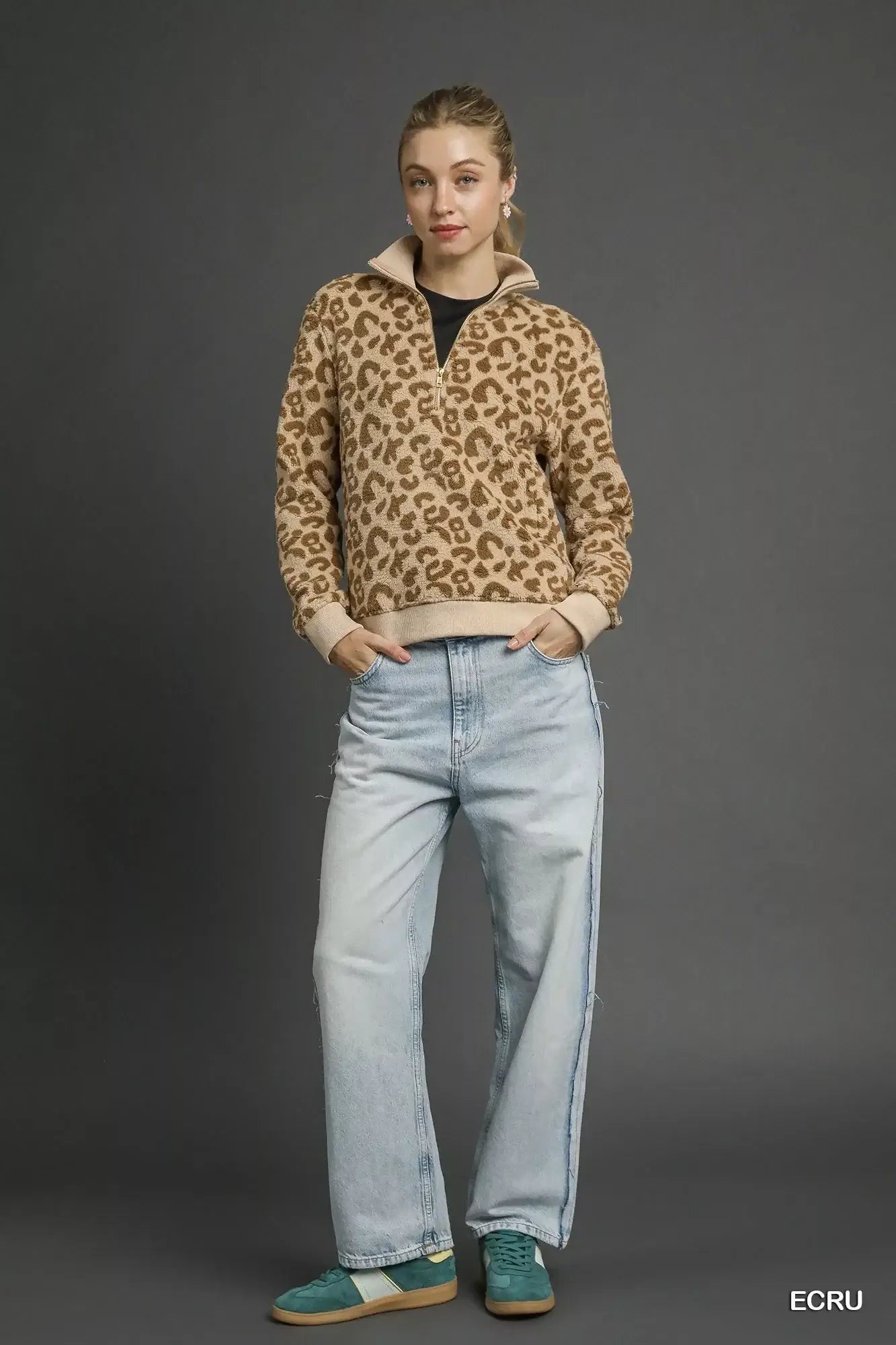 Umgee Leopard Print Quarter-Zip Sweatshirt