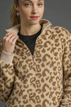 Umgee Leopard Print Quarter-Zip Sweatshirt