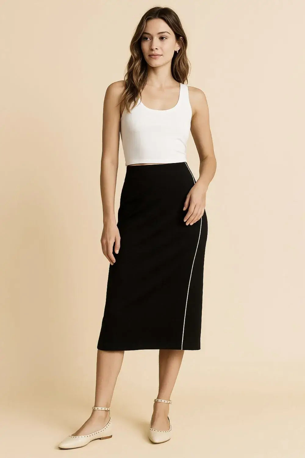 Umgee Midi Pencil Skirt with Contrast Piping Detail