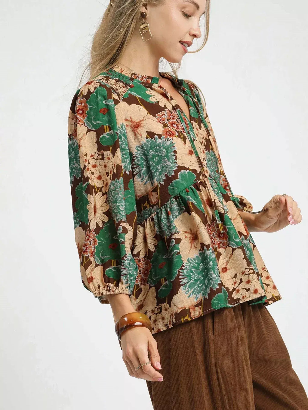 Umgee Mix Floral Peplum Blouse with Tie Neck
