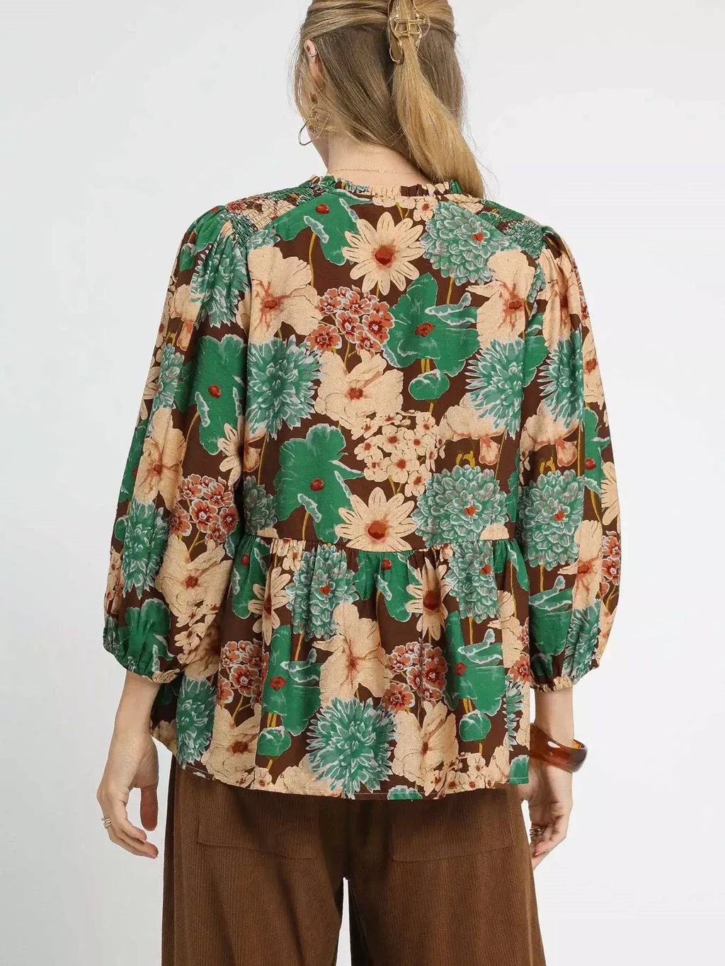 Umgee Mix Floral Peplum Blouse with Tie Neck
