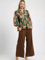 Umgee Mix Floral Peplum Blouse with Tie Neck