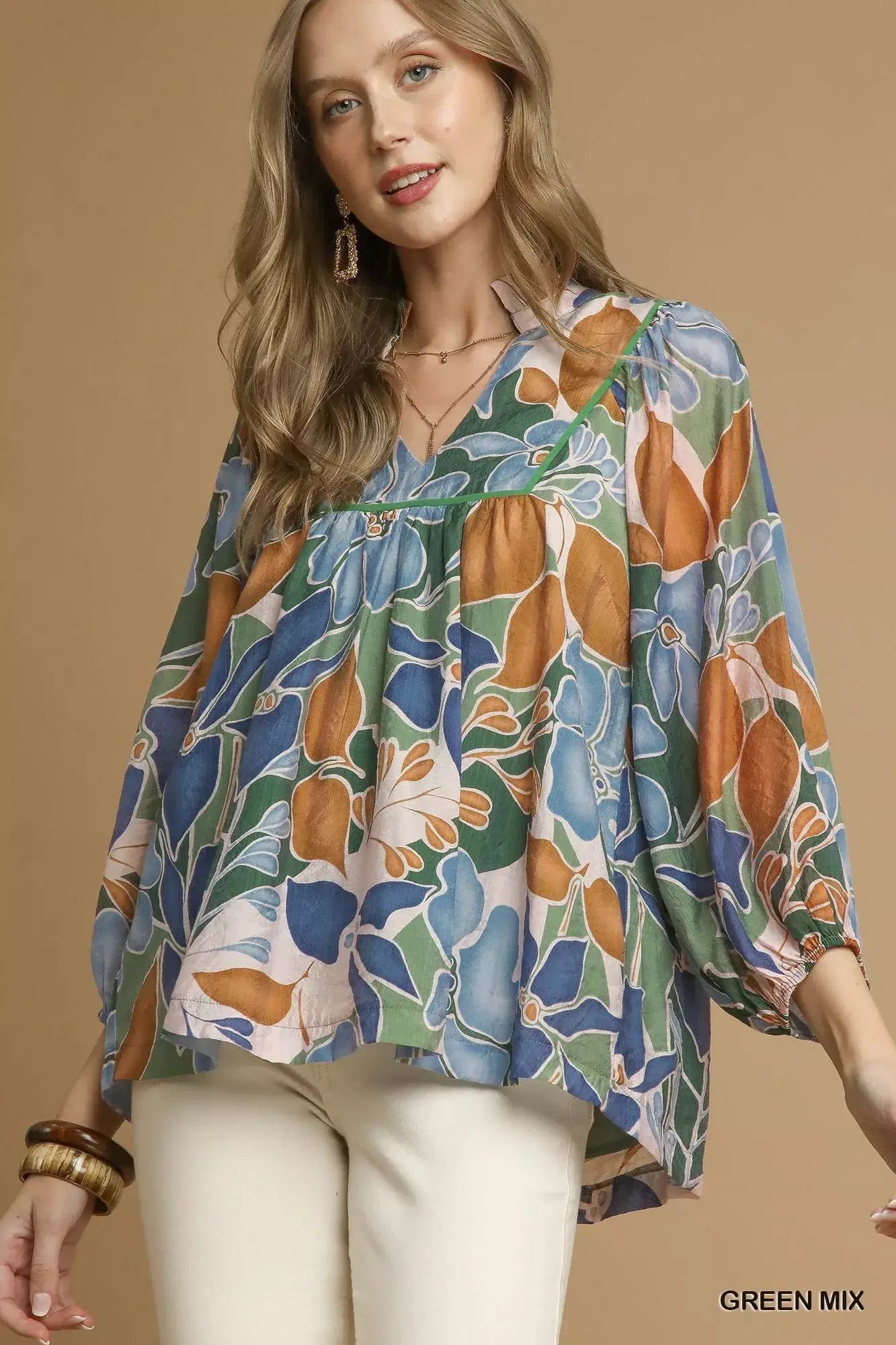 Umgee Multicolor Abstract Floral Print Blouse with Ruffle Neck Image principale du produit