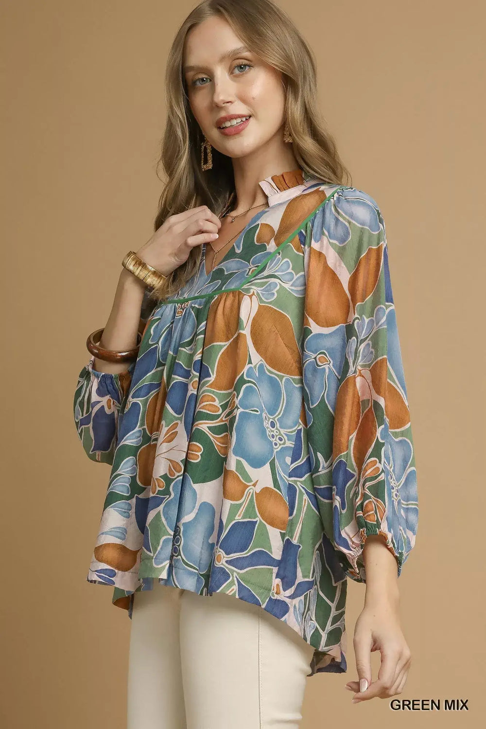 Umgee Multicolor Abstract Floral Print Blouse with Ruffle Neck