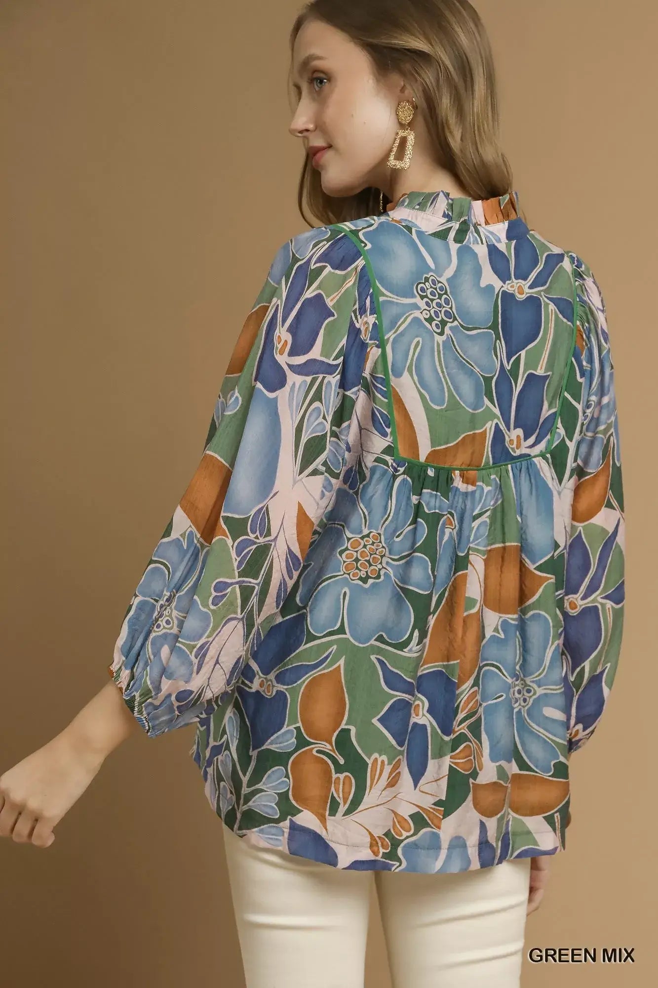 Umgee Multicolor Abstract Floral Print Blouse with Ruffle Neck