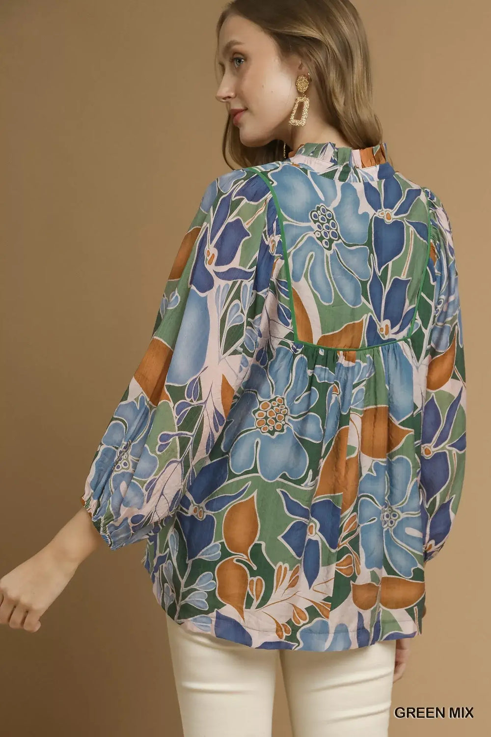 Umgee Multicolor Abstract Floral Print Blouse with Ruffle Neck