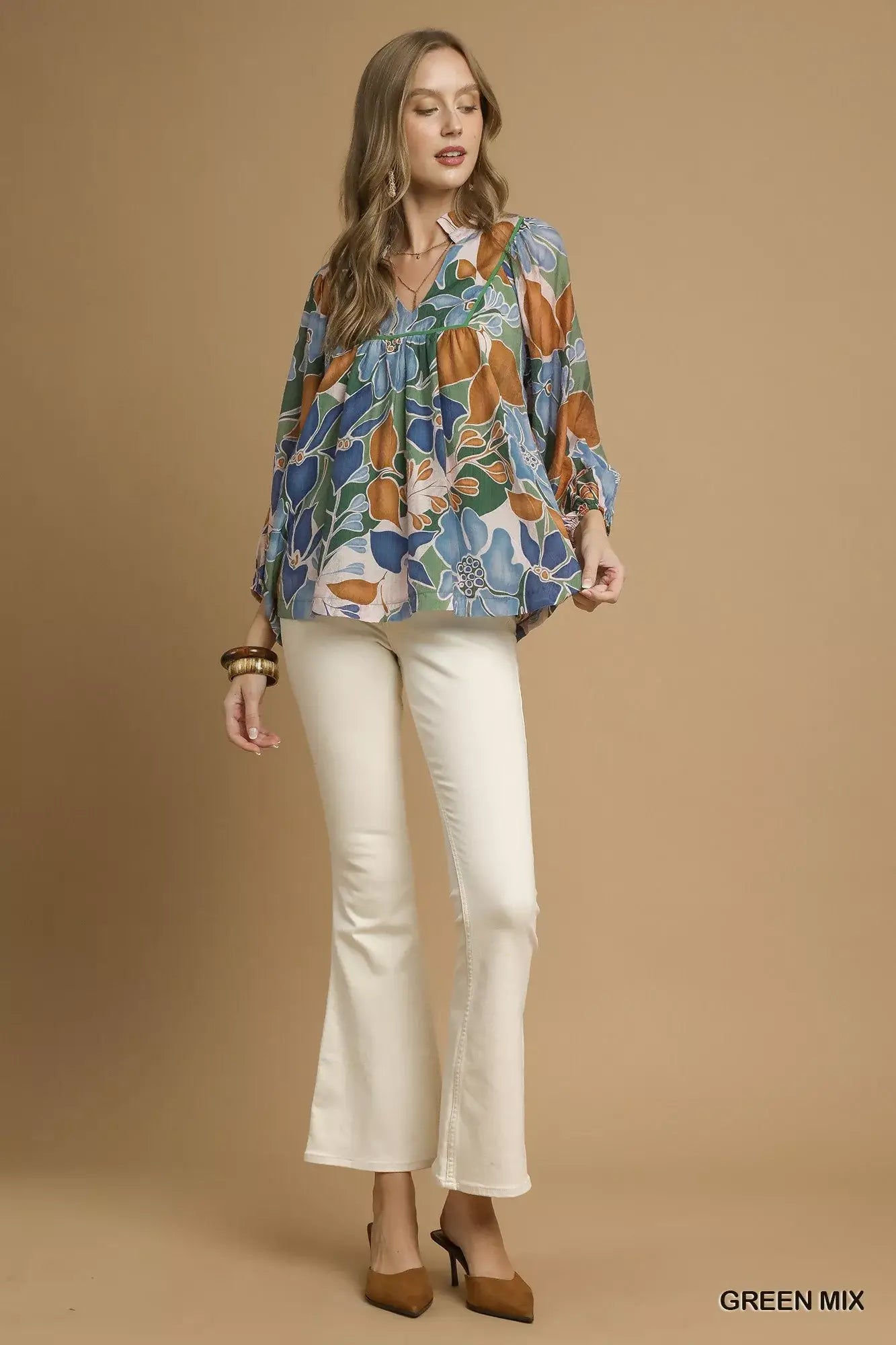 Umgee Multicolor Abstract Floral Print Blouse with Ruffle Neck