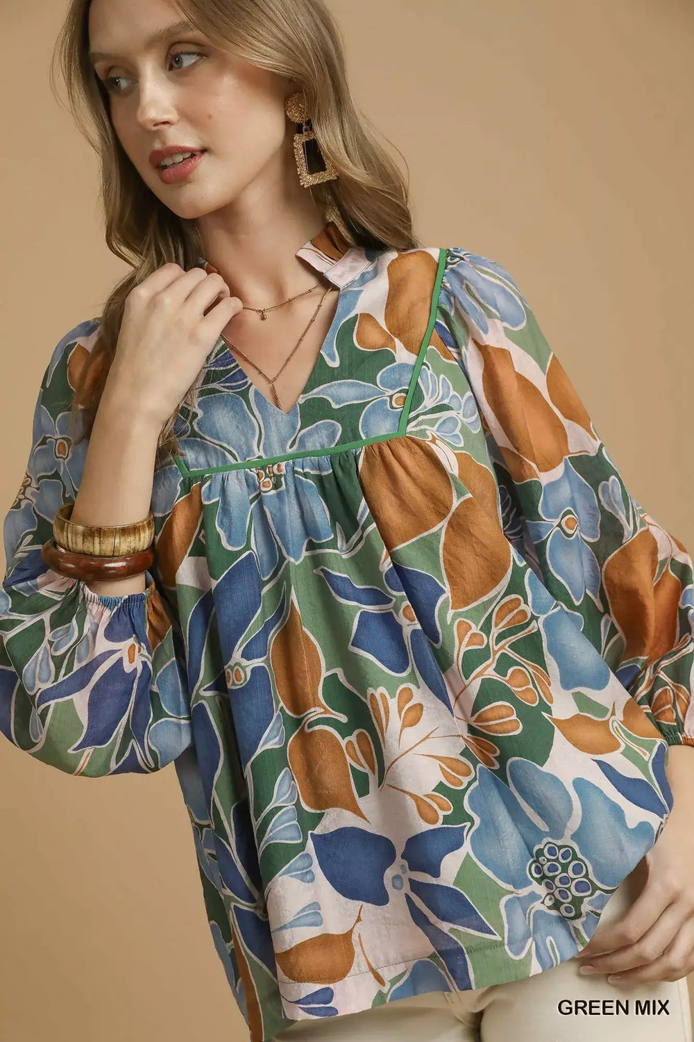 Umgee Multicolor Abstract Floral Print Blouse with Ruffle Neck