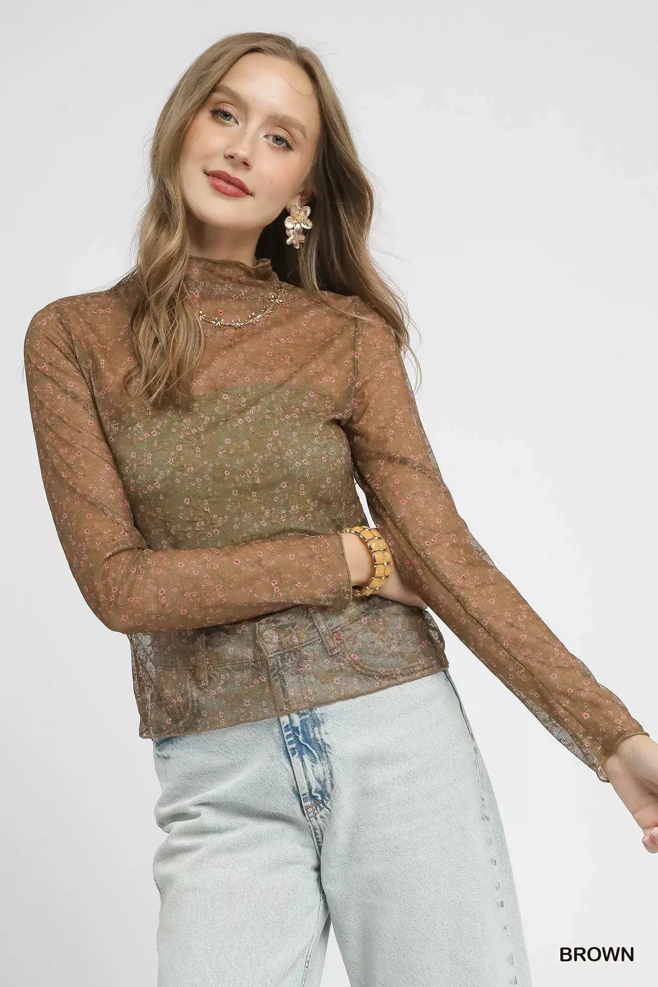 Umgee Nylon Lace Mesh Long Sleeve Top