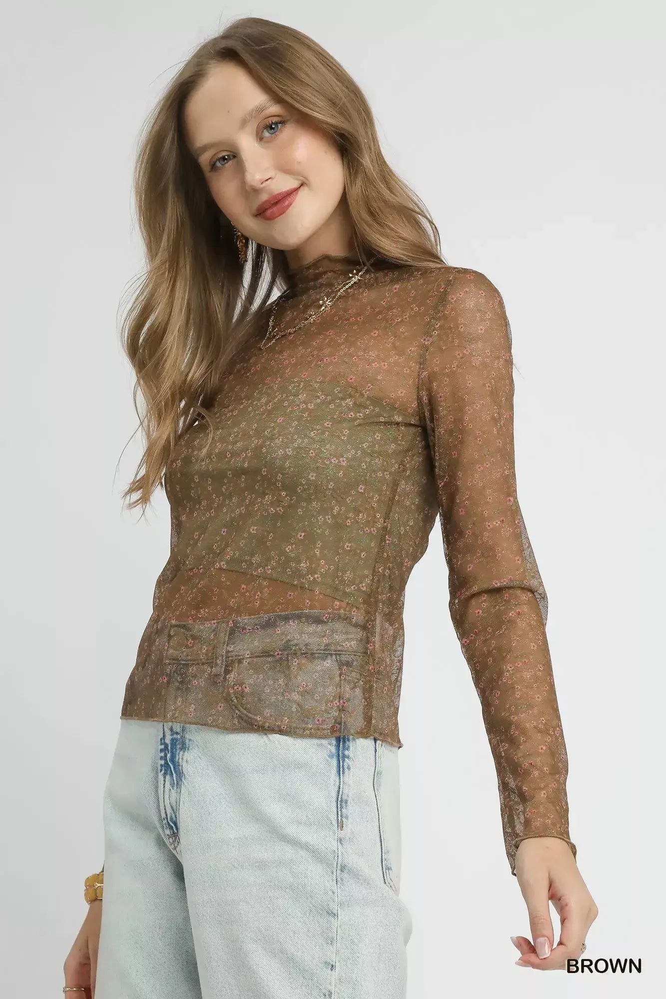 Umgee Nylon Lace Mesh Long Sleeve Top
