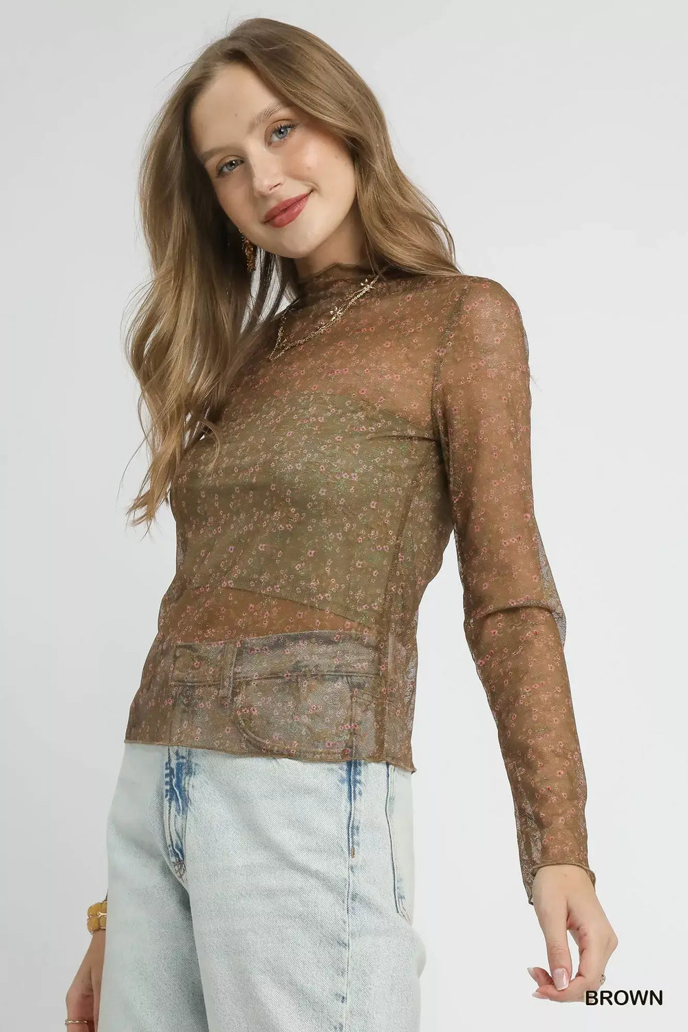Umgee Nylon Lace Mesh Long Sleeve Top