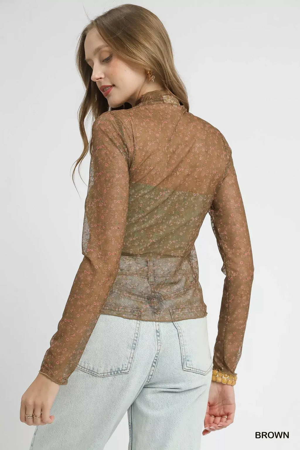 Umgee Nylon Lace Mesh Long Sleeve Top