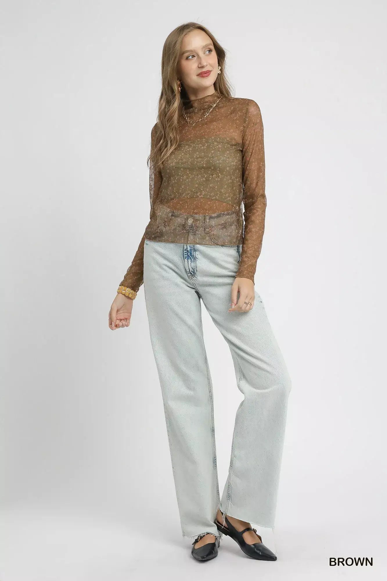 Umgee Nylon Lace Mesh Long Sleeve Top