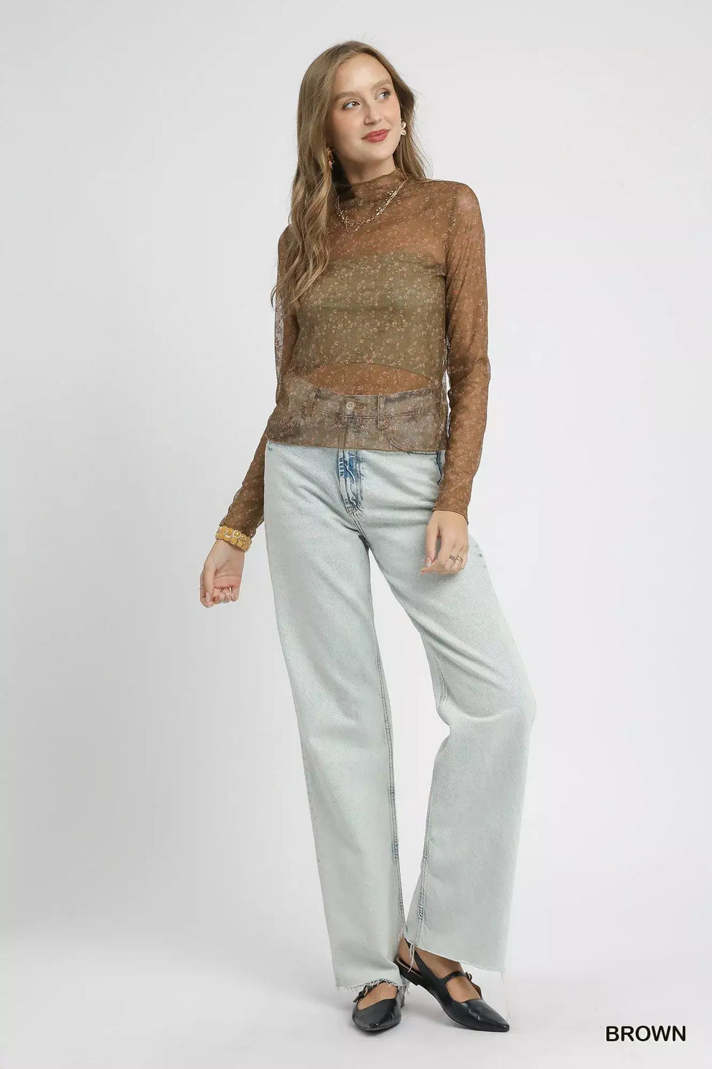 Umgee Nylon Lace Mesh Long Sleeve Top