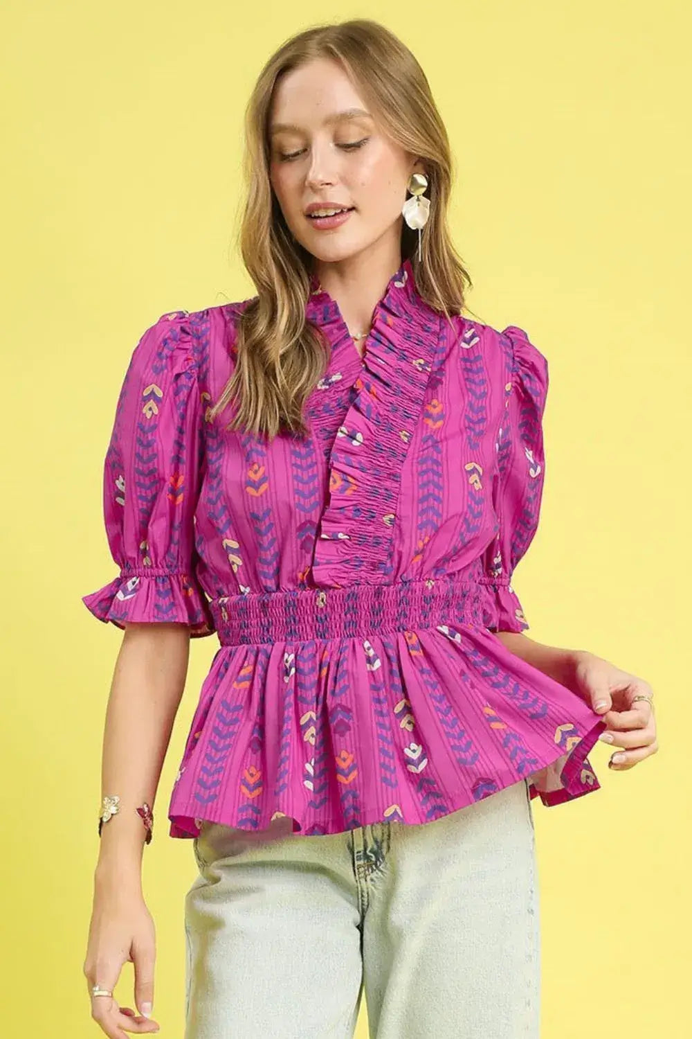 Umgee Printed Half Sleeve Peplum Blouse Hauptbild