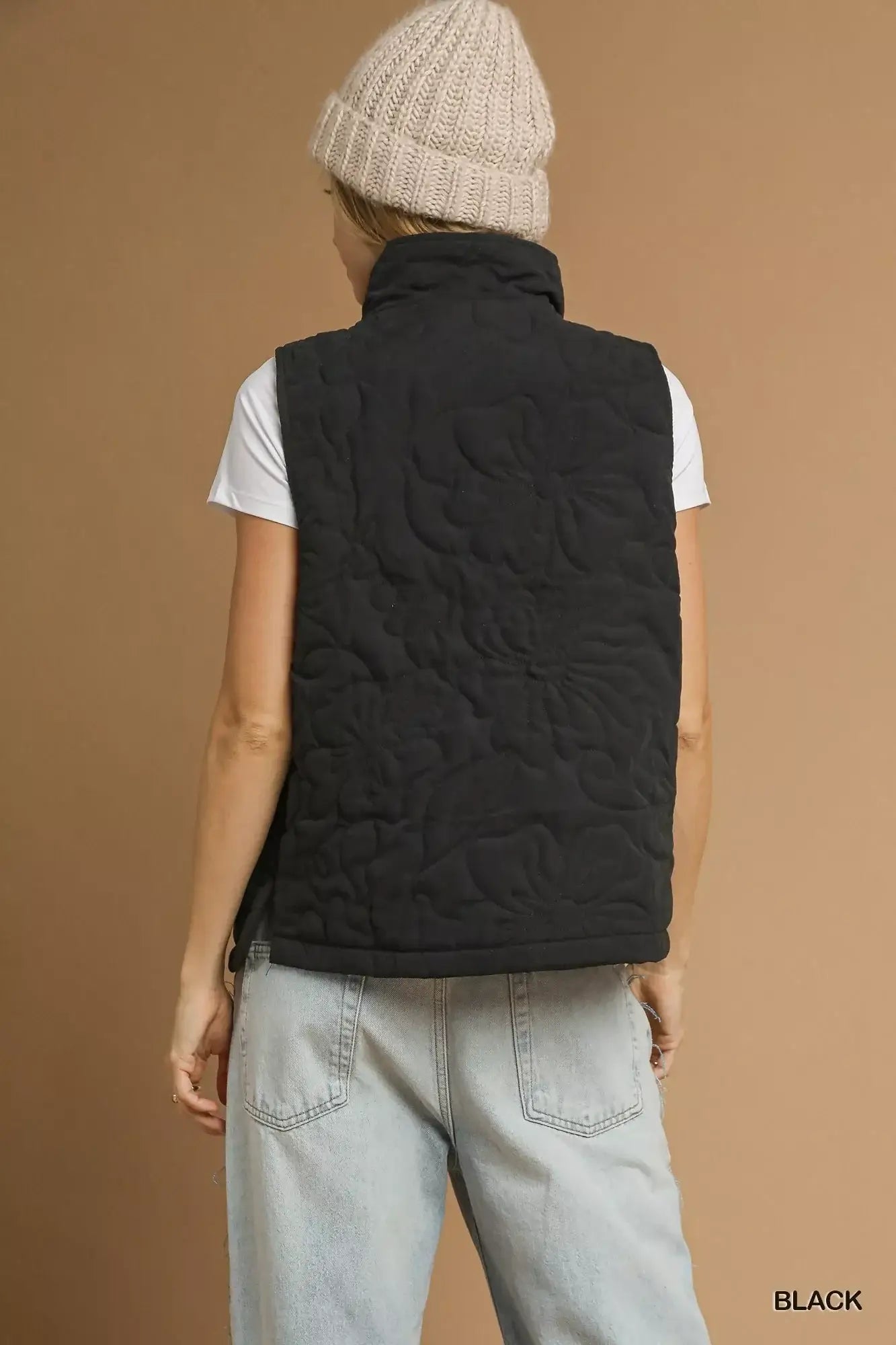 Umgee Quilted Floral Zip Up Vest with Pockets