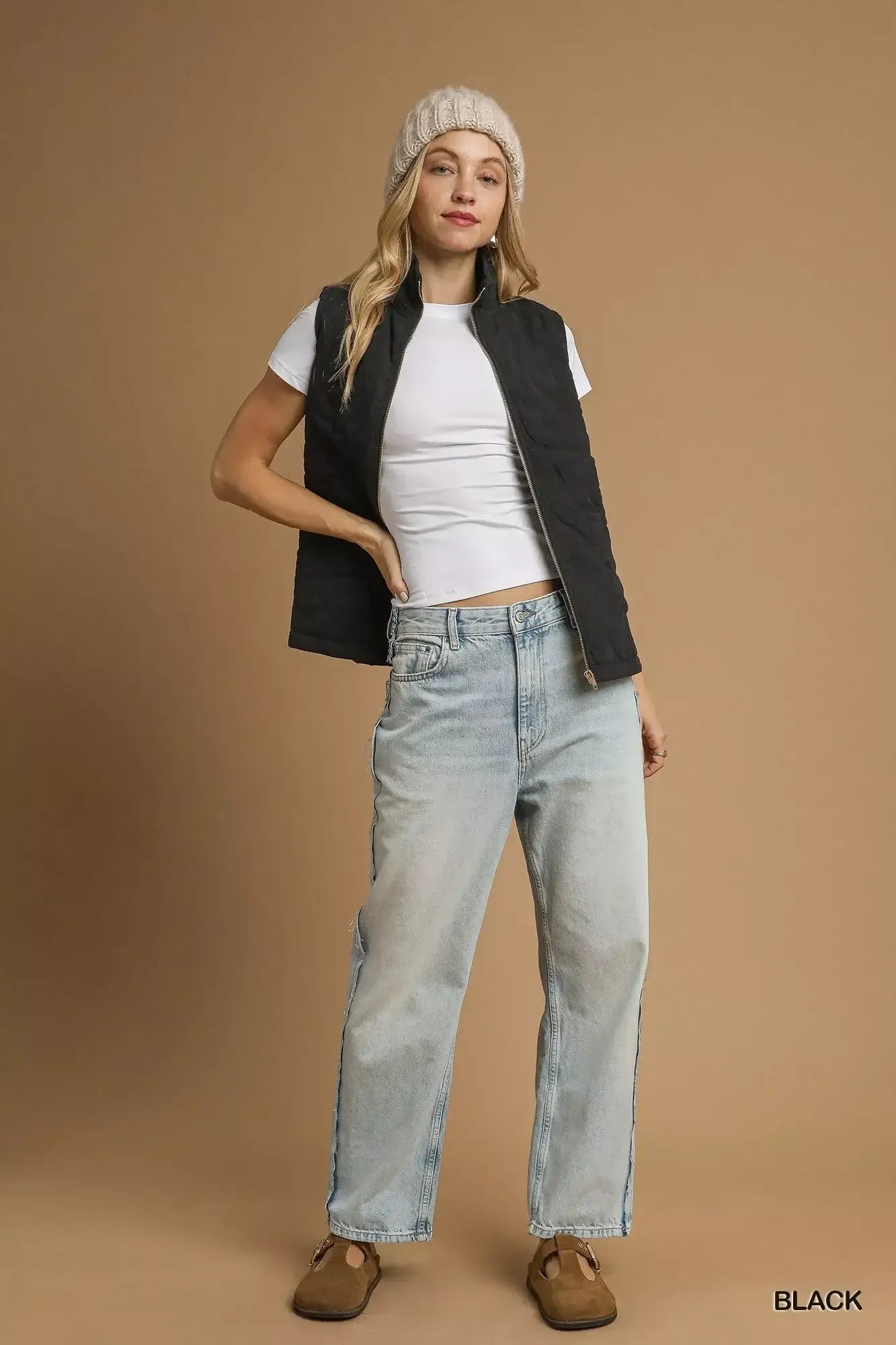 Umgee Quilted Floral Zip Up Vest with Pockets