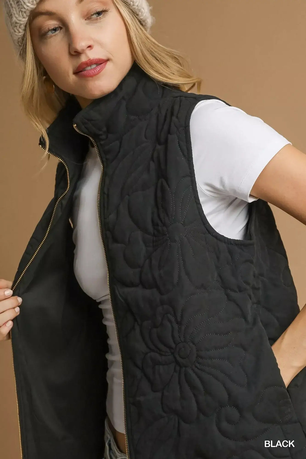 Umgee Quilted Floral Zip Up Vest with Pockets