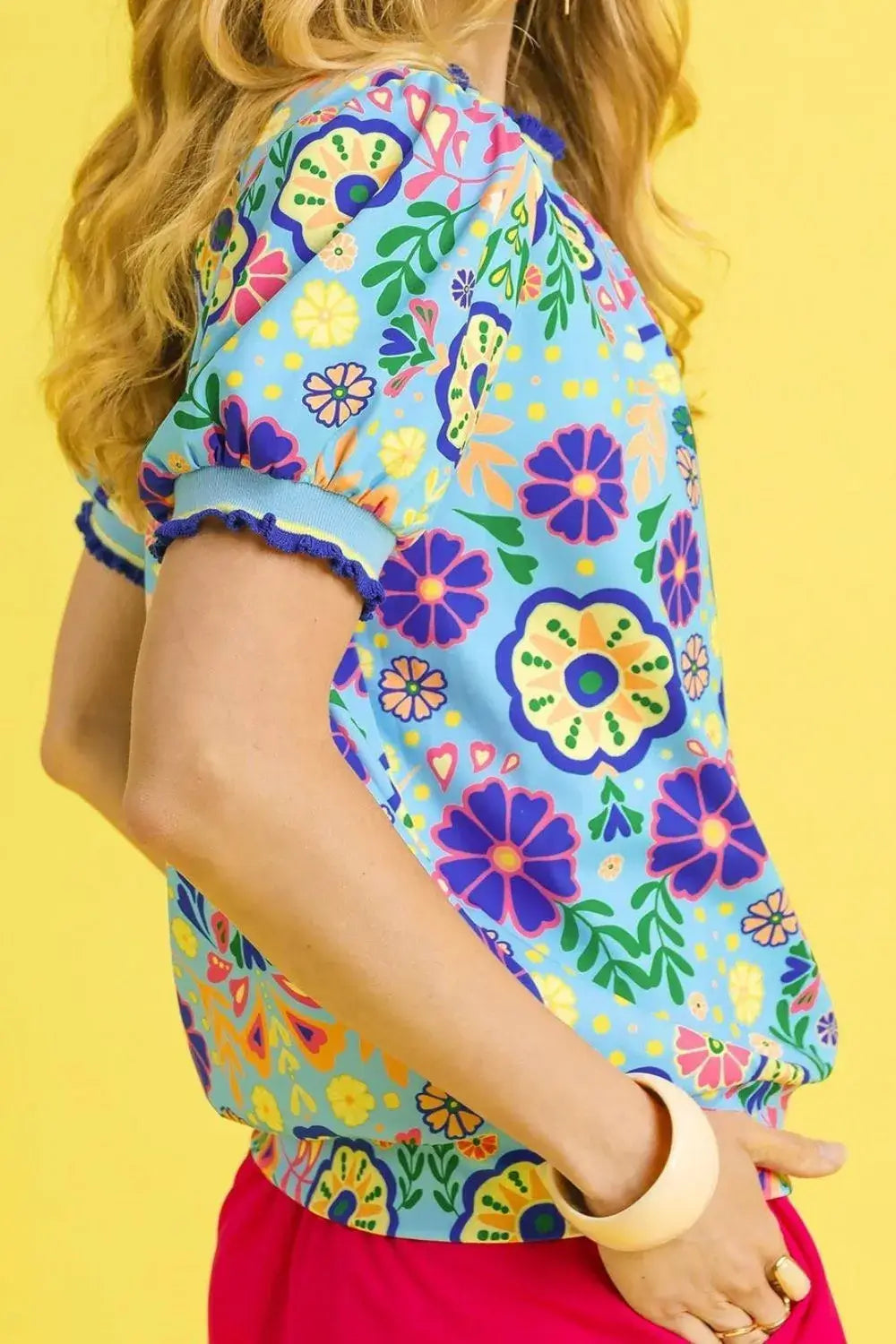 Umgee Retro Floral Puff Sleeve Top