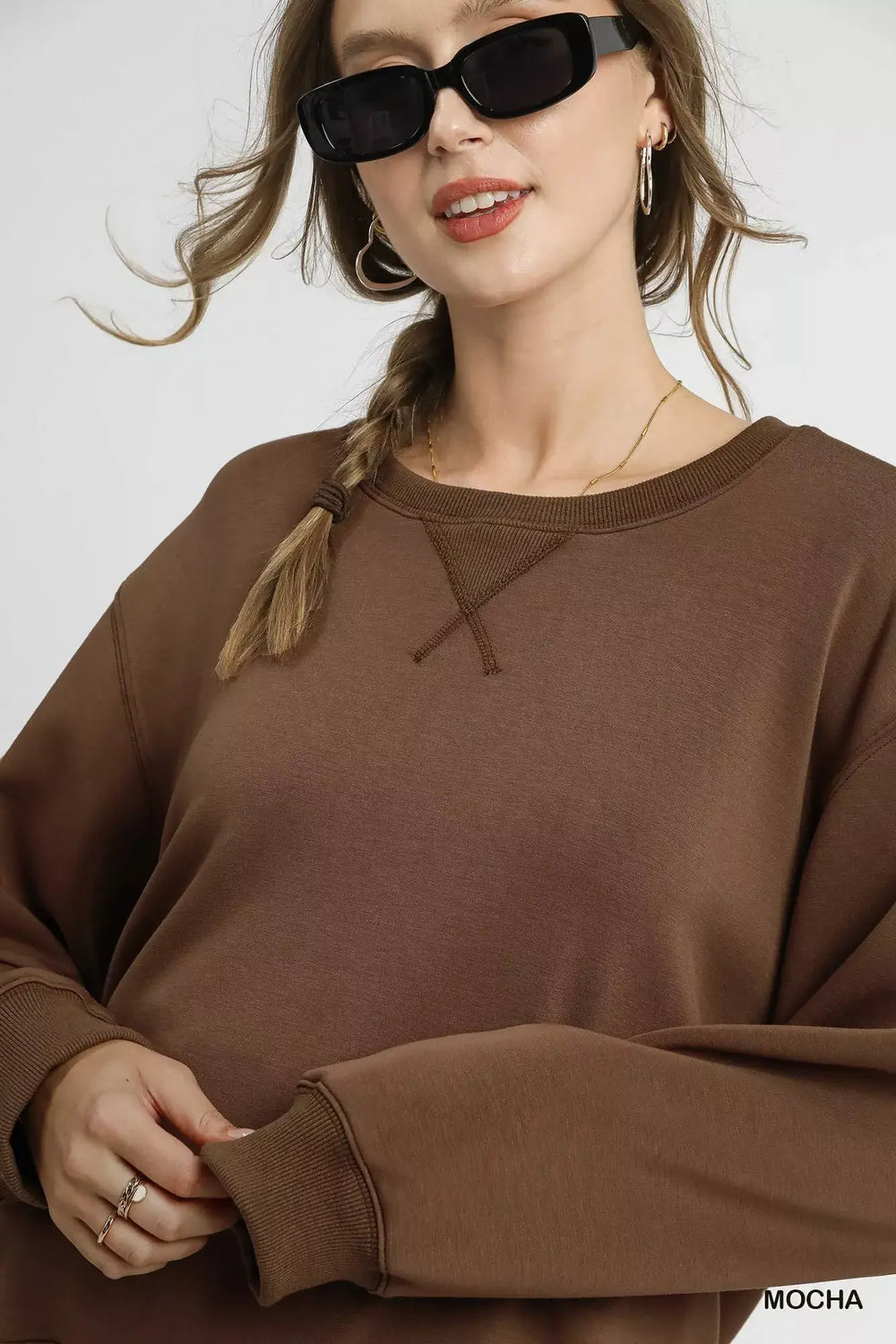 Umgee Round Neck Long Sleeve Fleece Sweatshirt