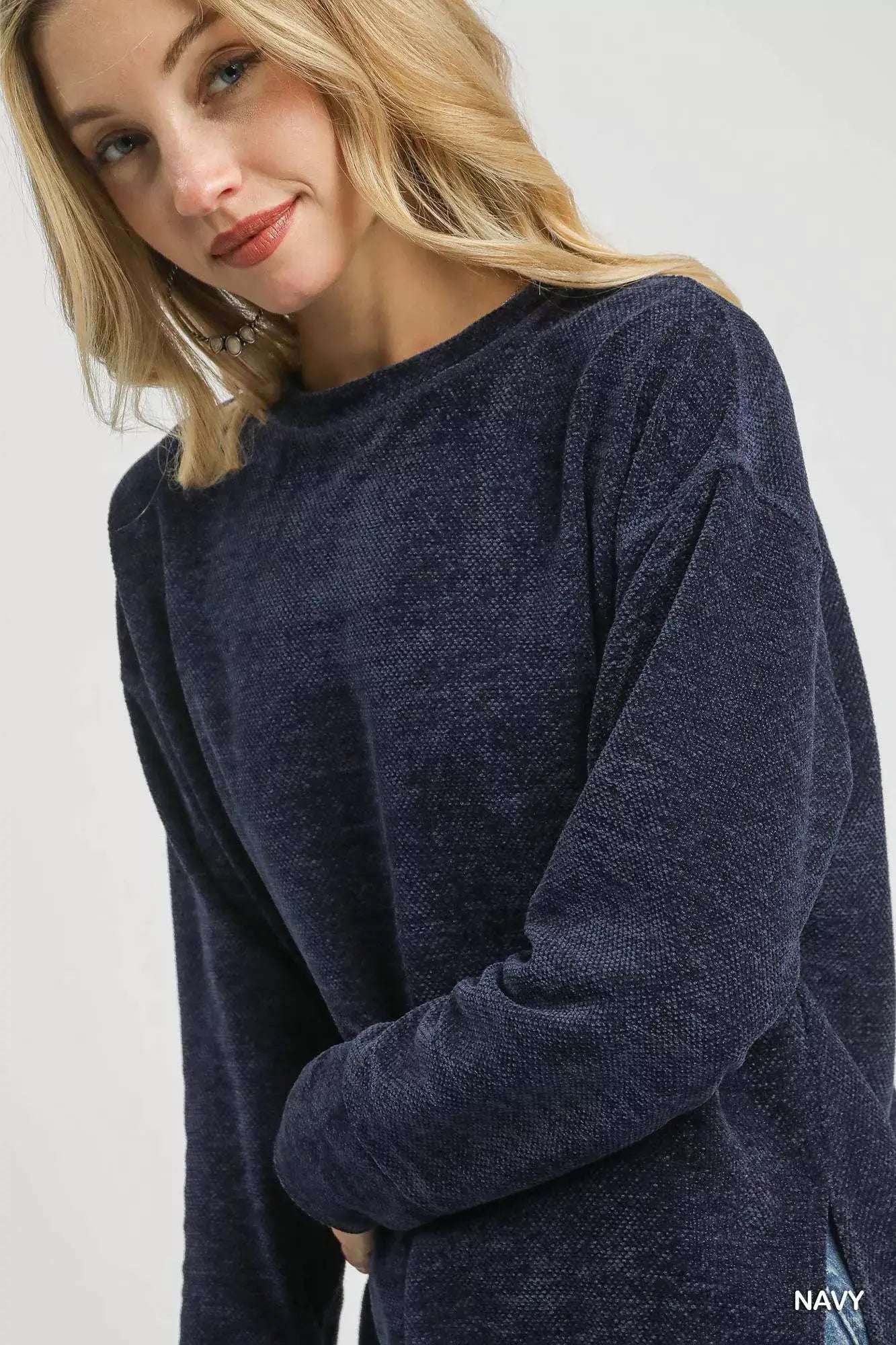 Umgee Round Neck Long Sleeve Side Slit Top