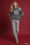 Umgee Round Neck Sweater with Floral Accents
