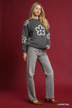 Umgee Round Neck Sweater with Floral Accents