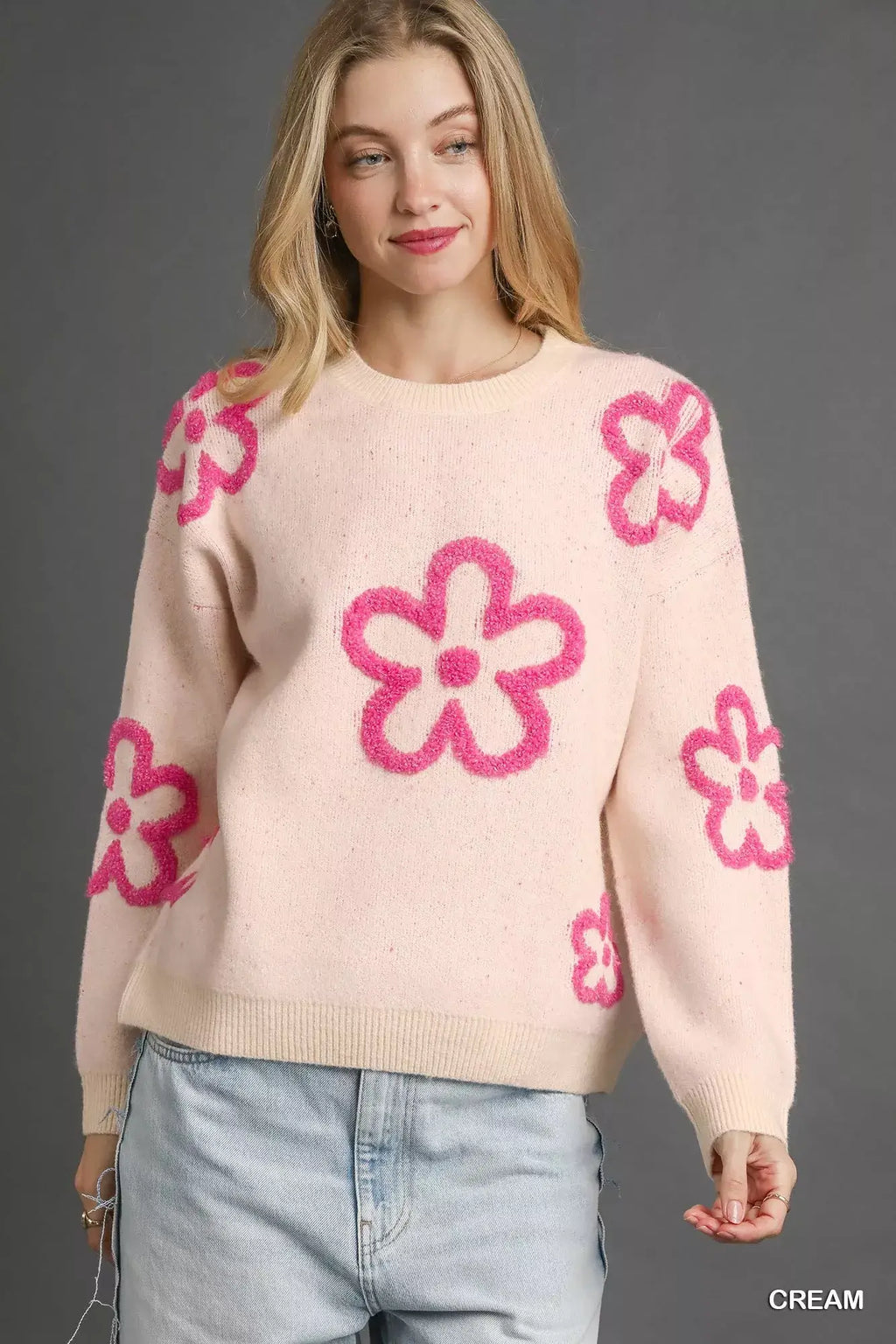 Umgee Round Neck Sweater with Pink Floral Accents