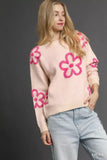 Umgee Round Neck Sweater with Pink Floral Accents