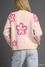 Umgee Round Neck Sweater with Pink Floral Accents
