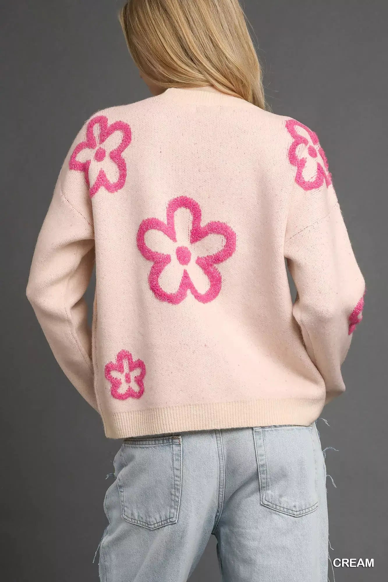 Umgee Round Neck Sweater with Pink Floral Accents
