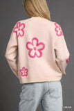 Umgee Round Neck Sweater with Pink Floral Accents