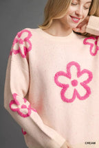 Umgee Round Neck Sweater with Pink Floral Accents