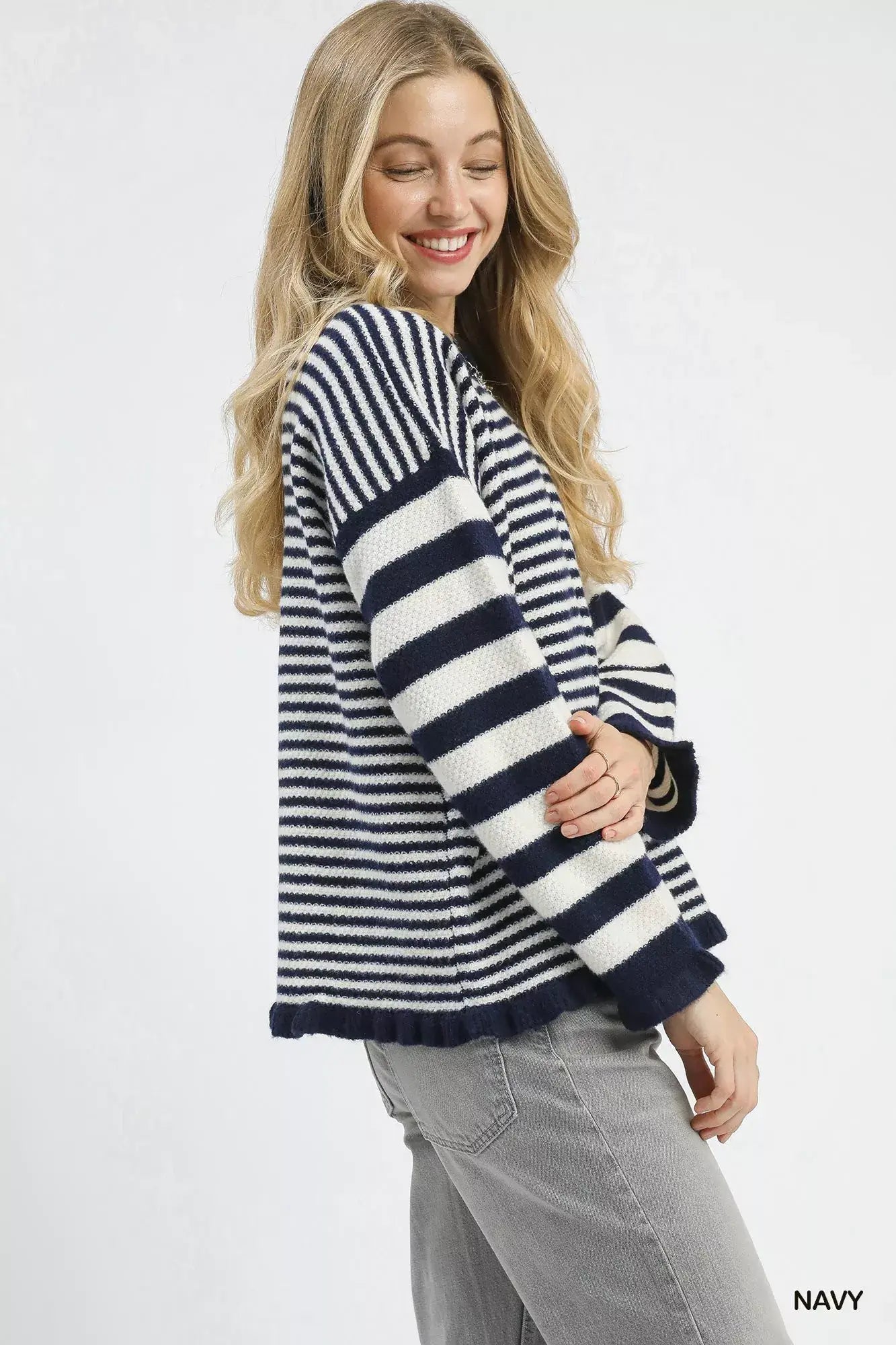 Umgee Ruffle Neck Stripe Sweater