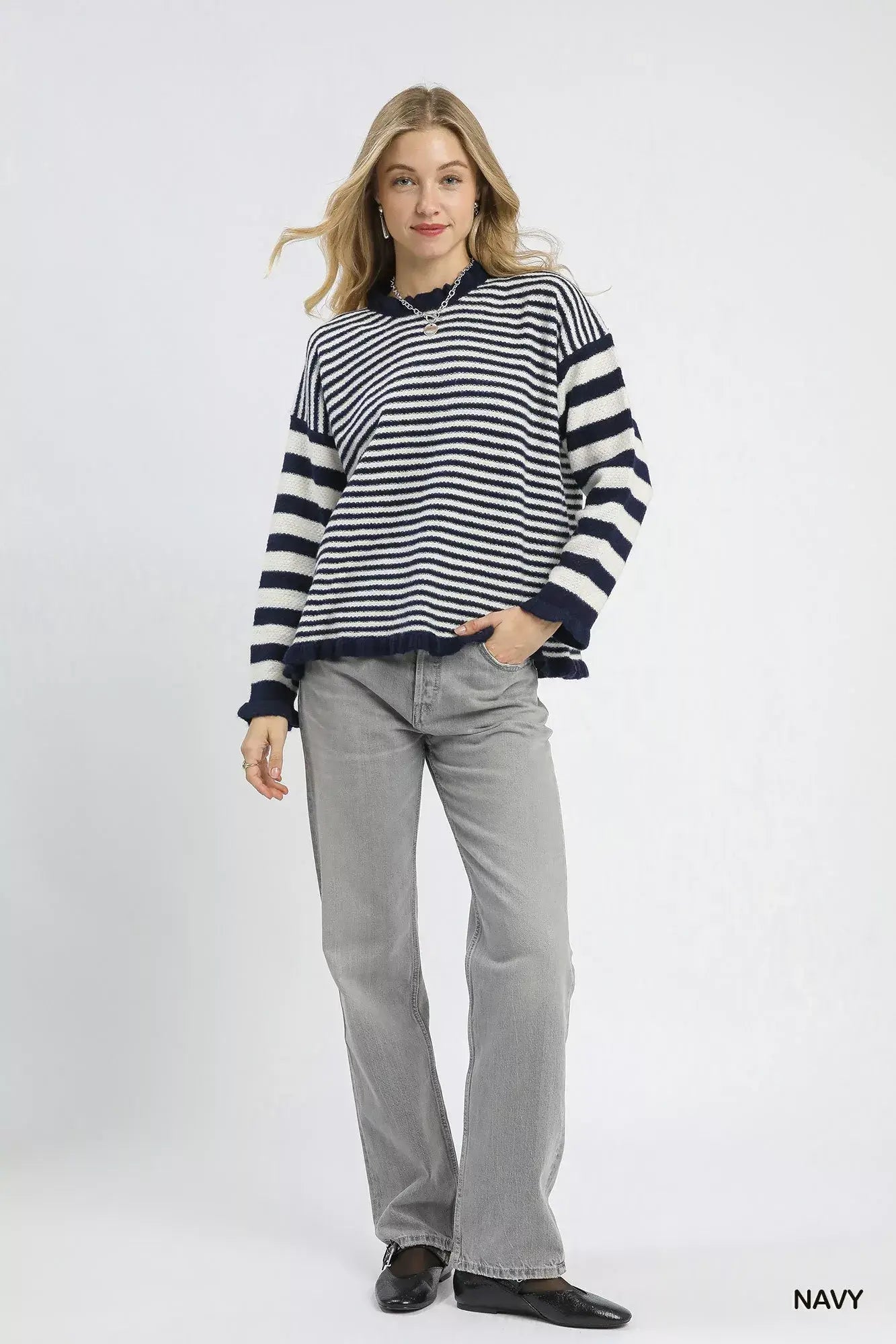 Umgee Ruffle Neck Stripe Sweater