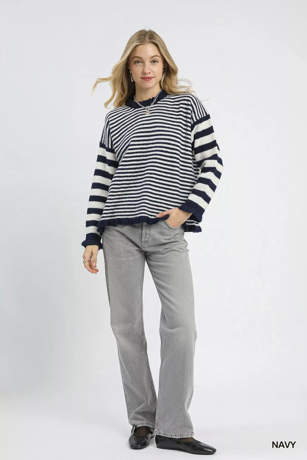 Umgee Ruffle Neck Stripe Sweater