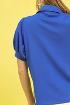 Umgee Side Zip Striped Puff Sleeve Polo