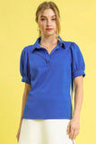 Umgee Side Zip Striped Puff Sleeve Polo