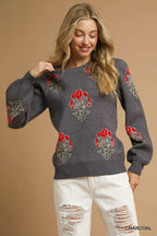 Umgee Single Flower Stem Jacquard Sweater