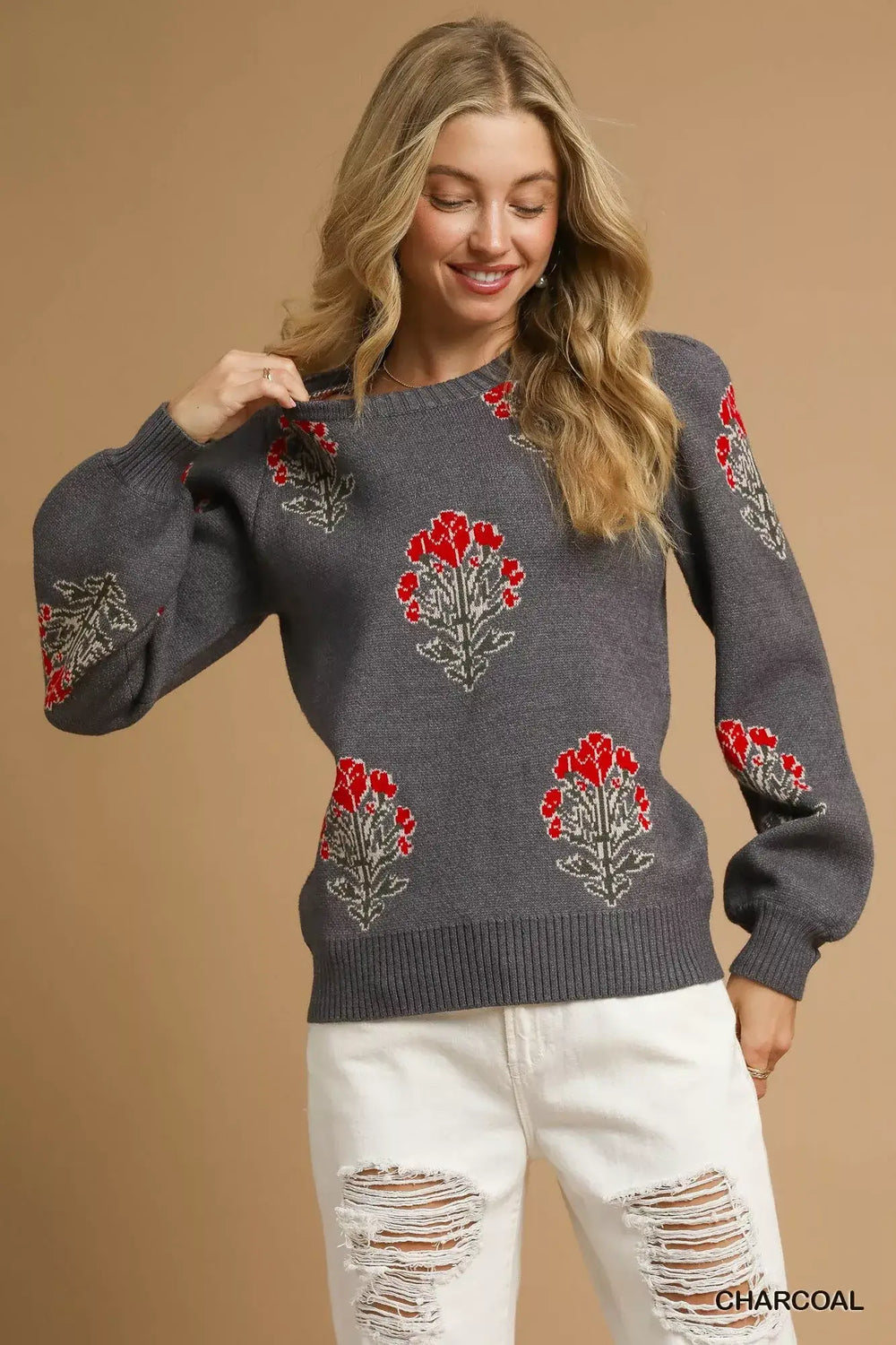 Umgee Single Flower Stem Jacquard Sweater
