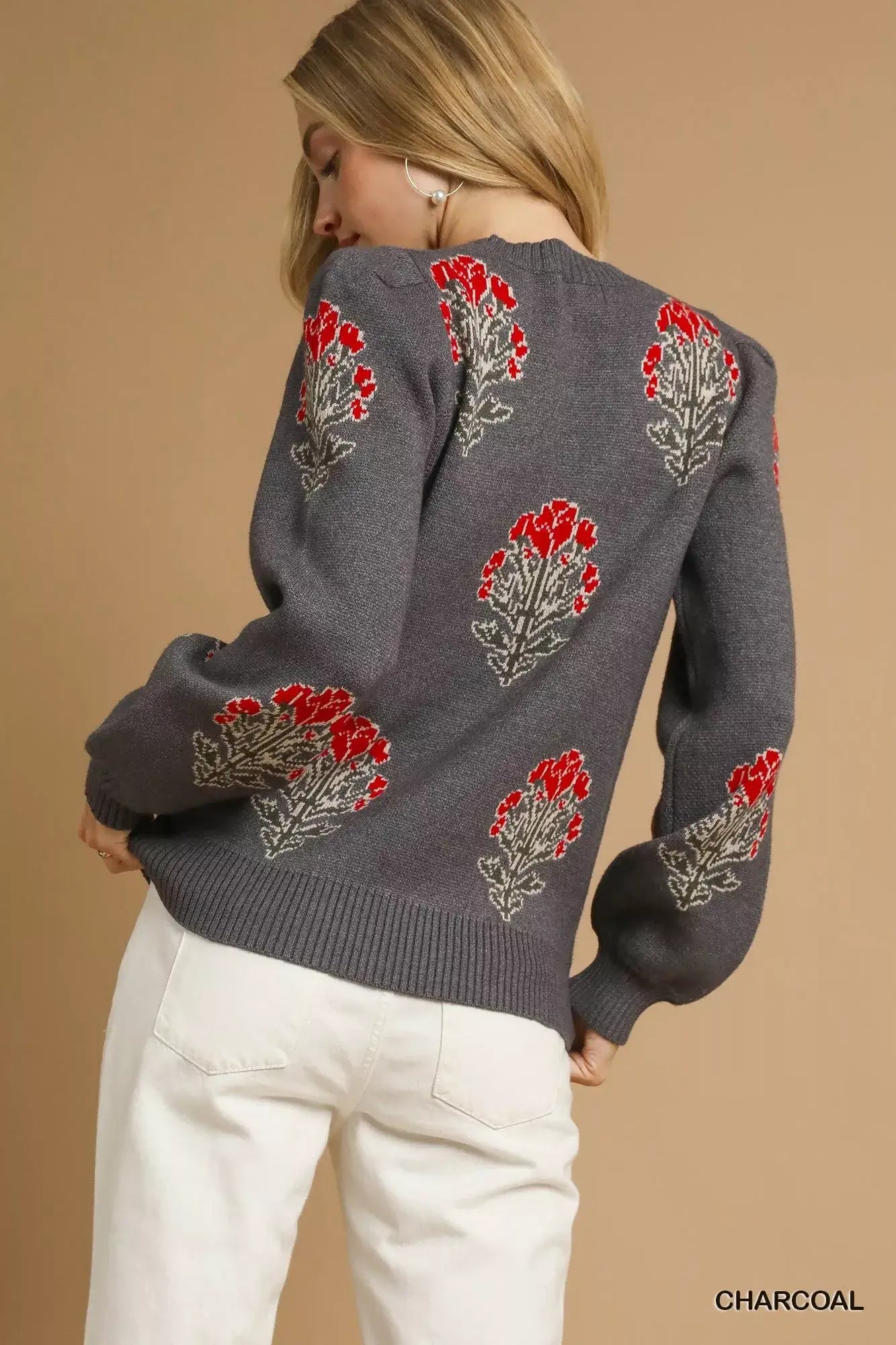 Umgee Single Flower Stem Jacquard Sweater