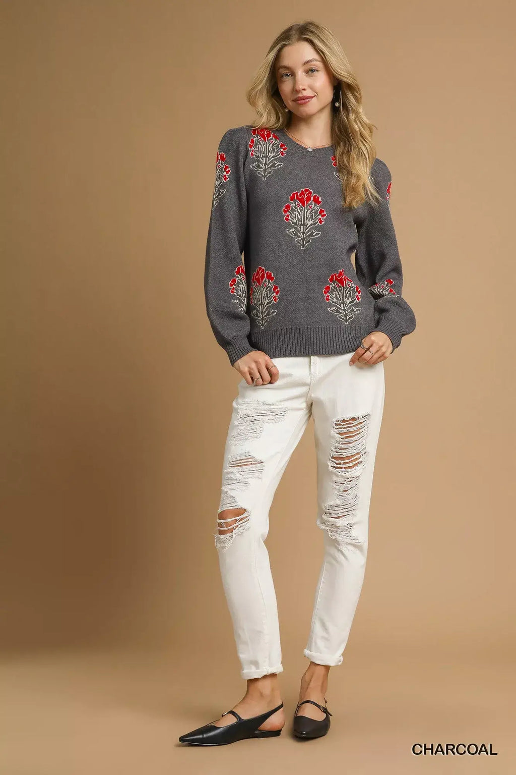 Umgee Single Flower Stem Jacquard Sweater