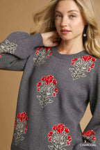 Umgee Single Flower Stem Jacquard Sweater