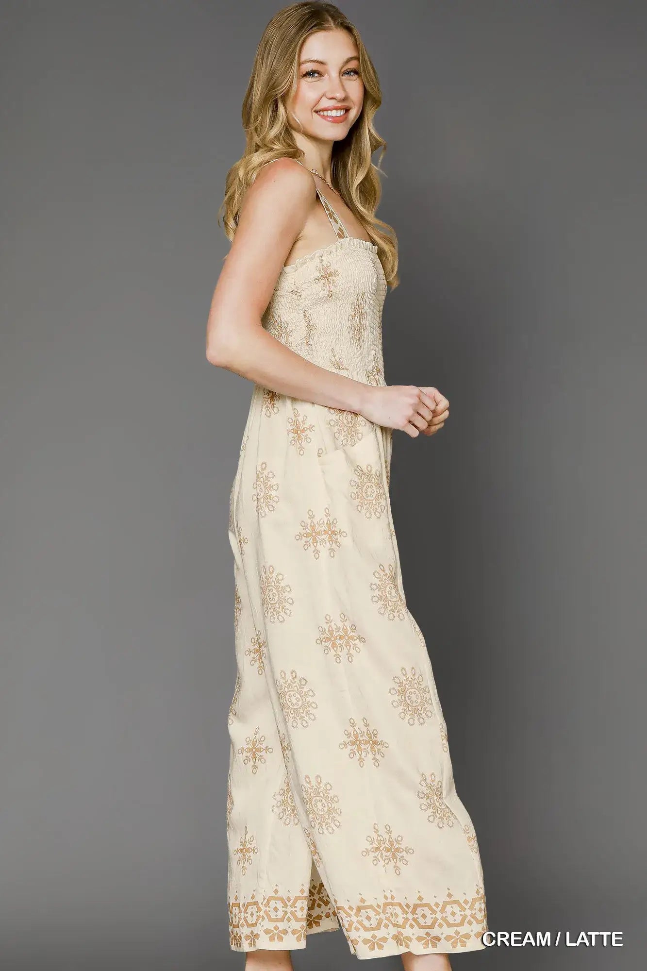 Umgee Smocked Printed Wide Leg Jumpsuit