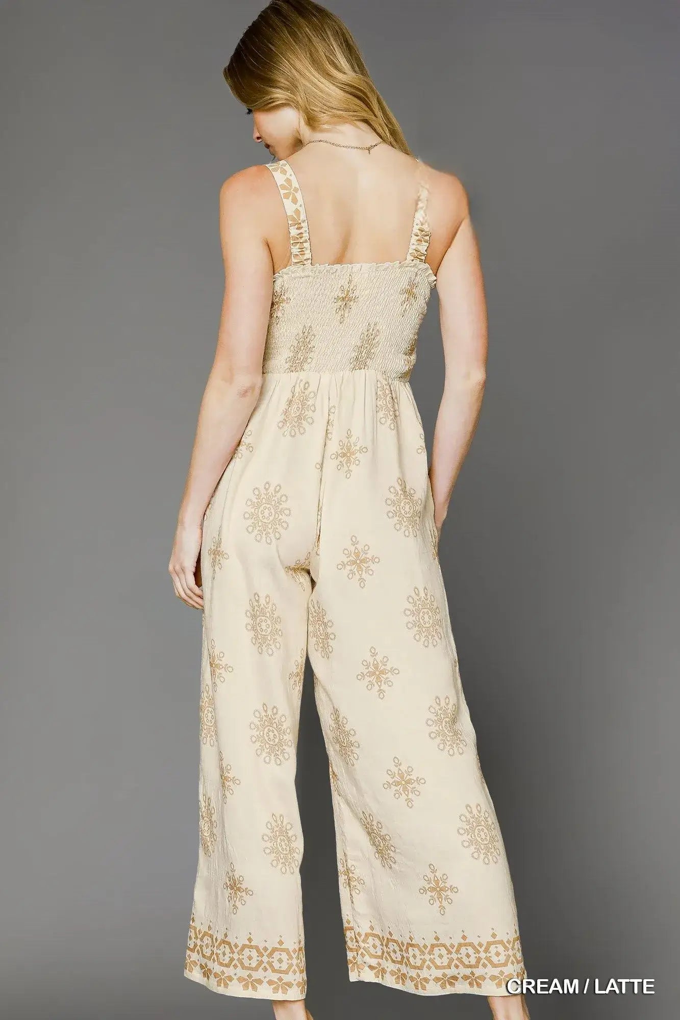 Umgee Smocked Printed Wide Leg Jumpsuit
