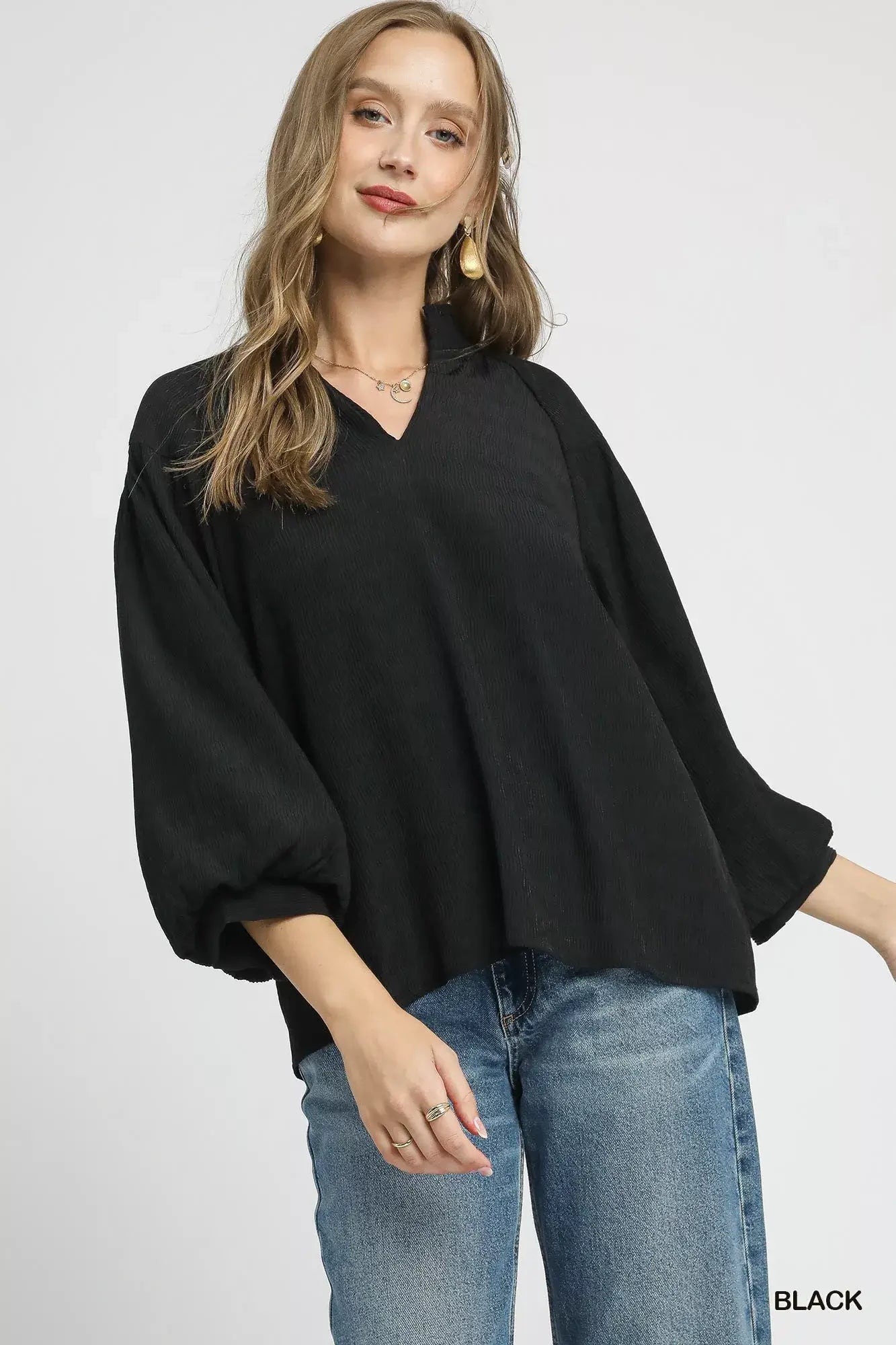 Umgee Textured V-Neck Blouse with Balloon Sleeves Image principale du produit