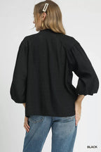 Umgee Textured V-Neck Blouse with Balloon Sleeves
