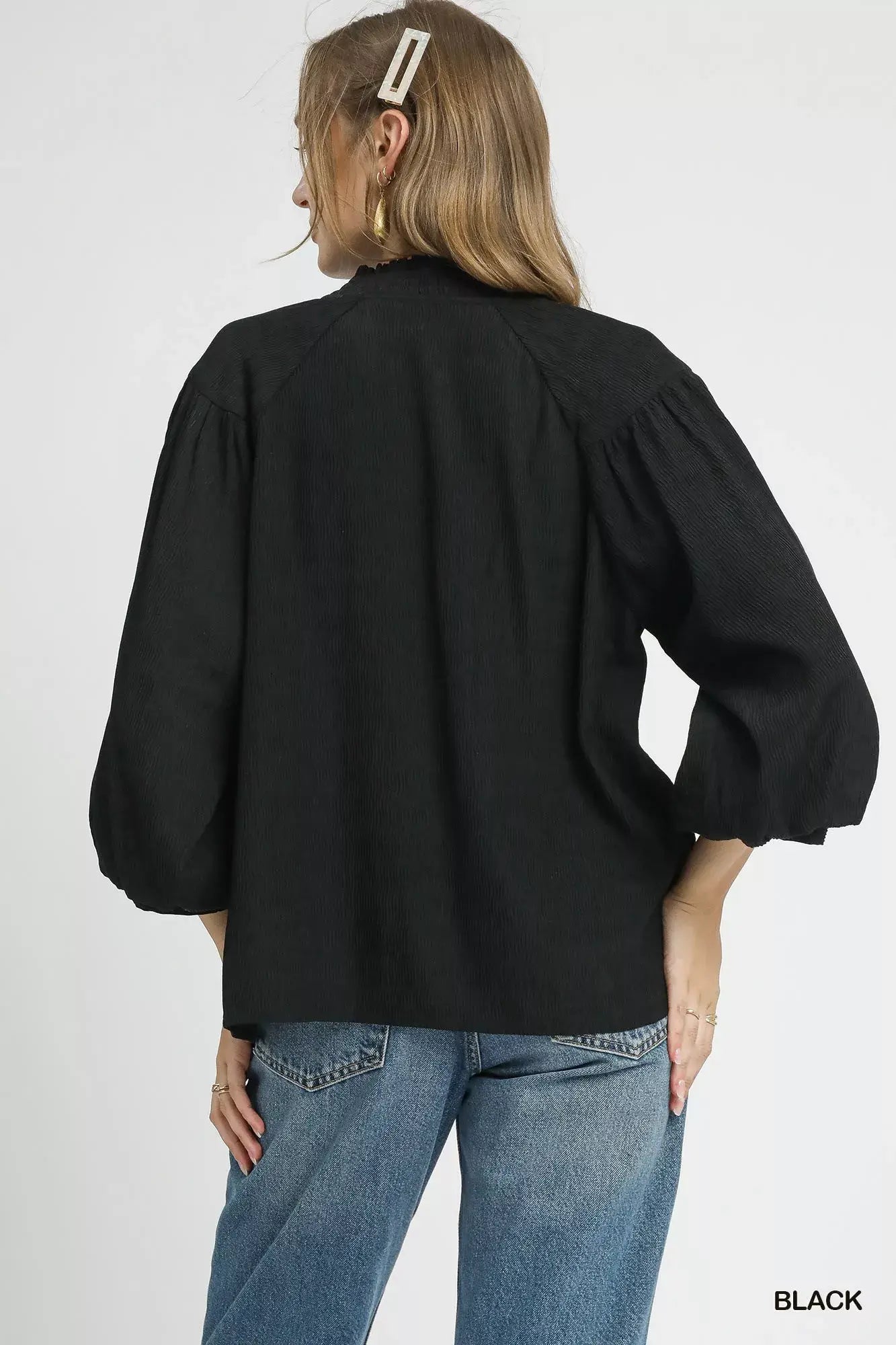 Umgee Textured V-Neck Blouse with Balloon Sleeves