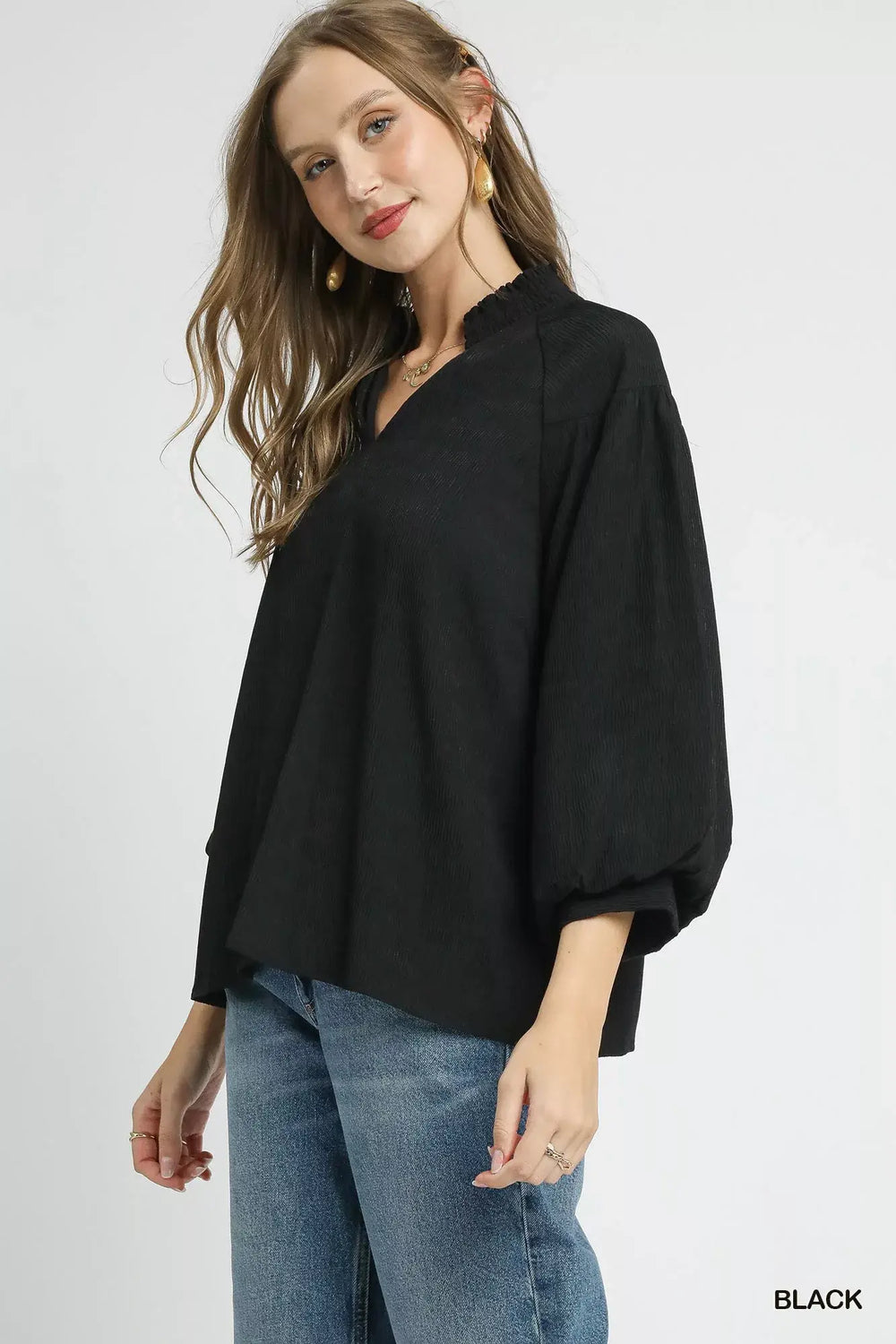 Umgee Textured V-Neck Blouse with Balloon Sleeves