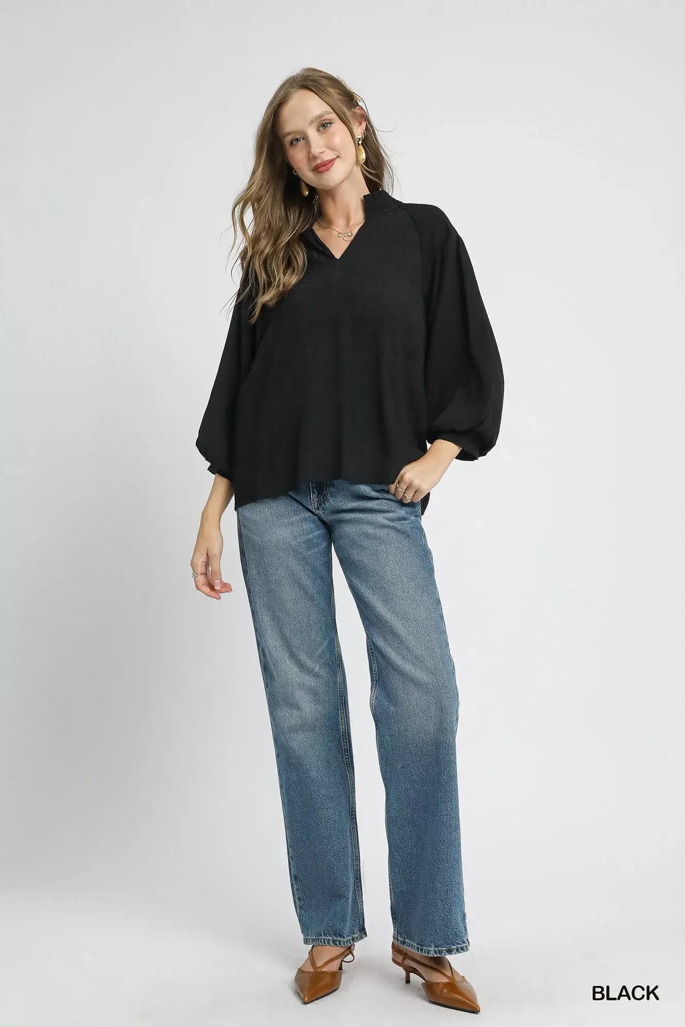 Umgee Textured V-Neck Blouse with Balloon Sleeves
